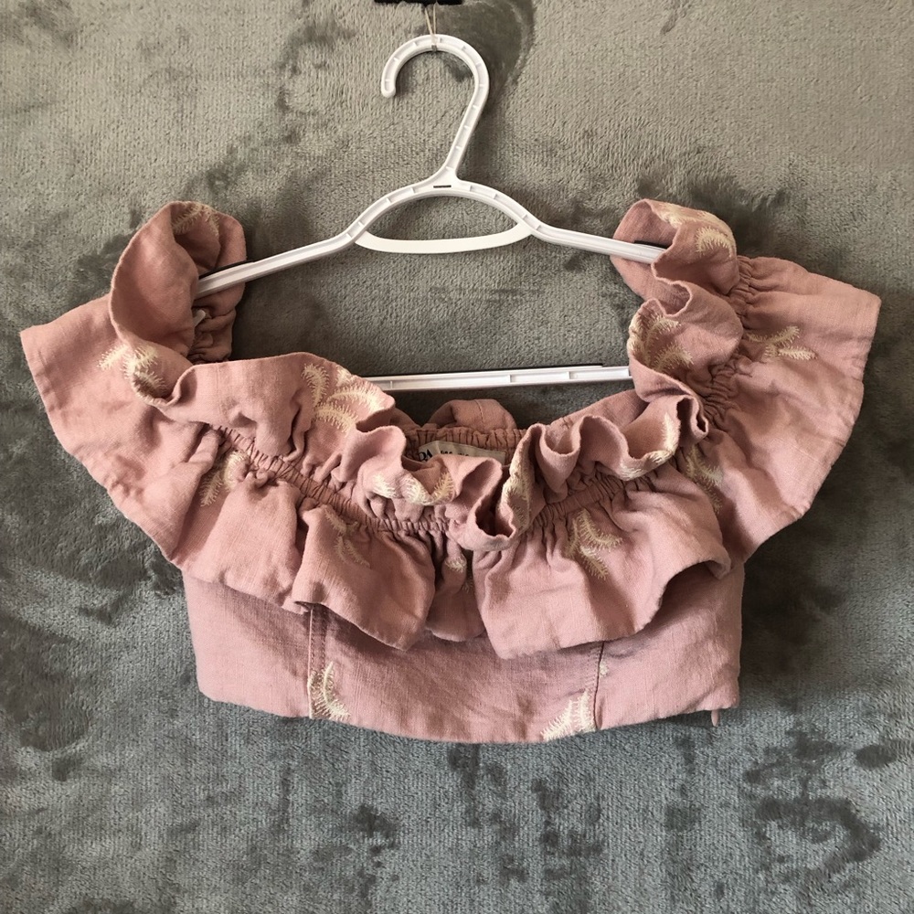 Zara Pink Ruffled Crop Top Size S Feminine Coquette Embroidered Linen Blend